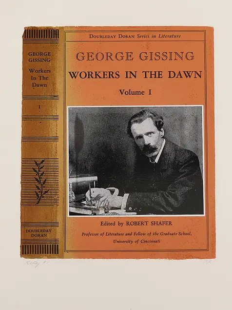An orange book cover with a black and white image of a man at a desk.