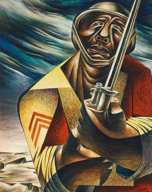 Art deco painting of a soldier grasping a gun, looking toward the sky.