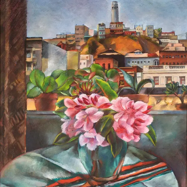 A painting of a vase of pink flowers on a balcony overlooking a city skyline.