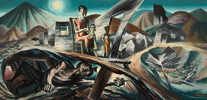 An art deco painting of a landscape depicting a miner underground, with their family above.