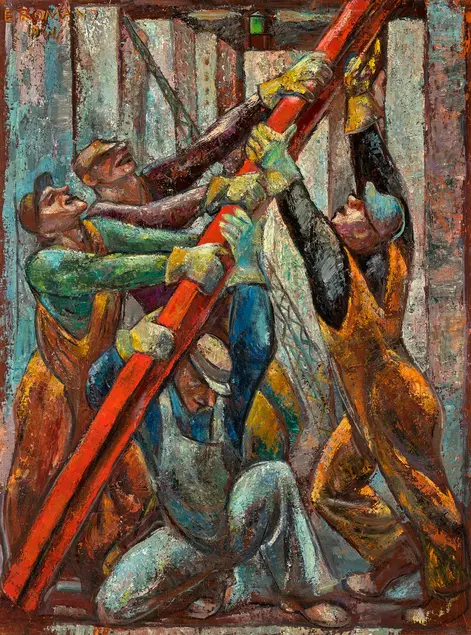 Artwork depicting four construction workers bracing a red beam.