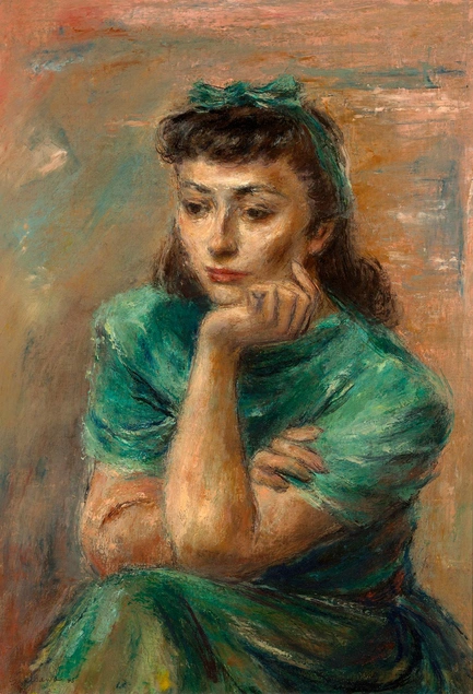 A painting of a sitting person, in a green dress and bow, resting their face on their hand.