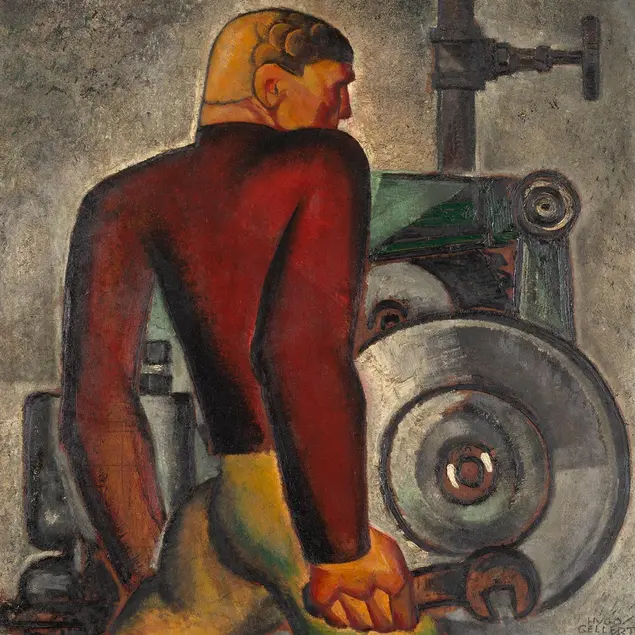 A painting of a worker, facing away from the viewer toward a machine.