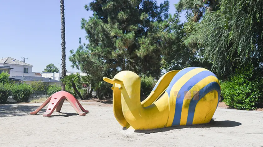 Play structures shaped like a yellow snail with blue stripes and a red starfish.