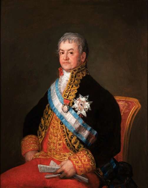 A painted portrait of a Spanish head of state in formal red and black clothing with gold details.