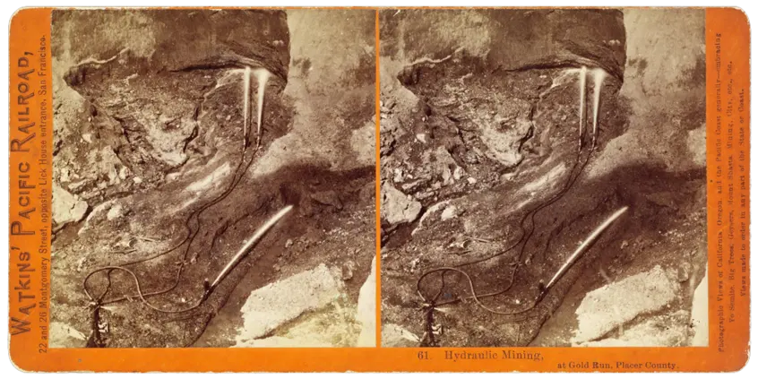 Two images of rocks and tools in a mine.