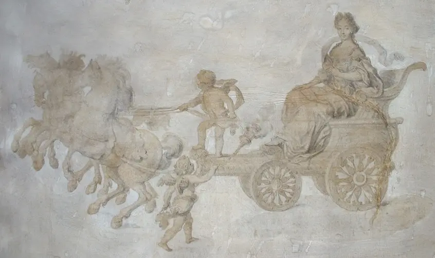 An illustration of a horse-drawn chariot. 