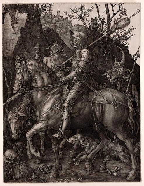 Black and white drawing of a knight on a horse.