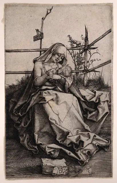 Black and white drawing of a woman holding a baby in a fenced field.