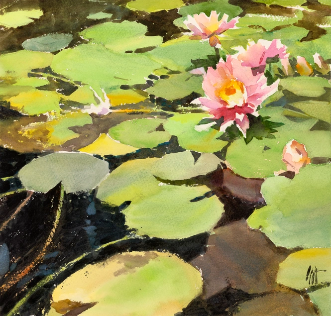 A watercolor painting of green lily pads and pink flowers.