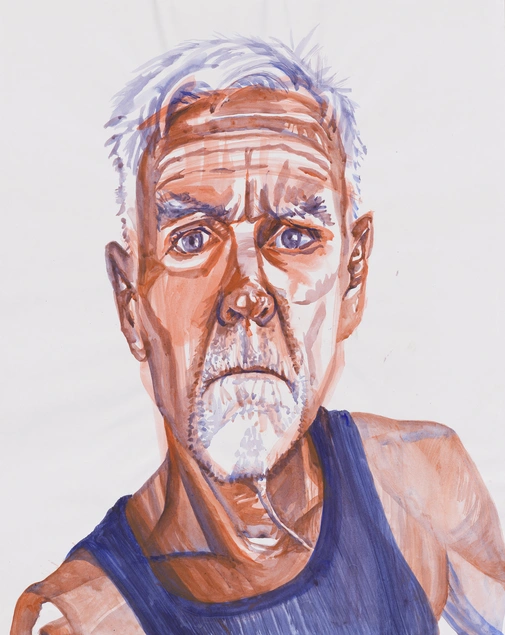 A painted portrait of a man with white hair wearing a blue tank top.