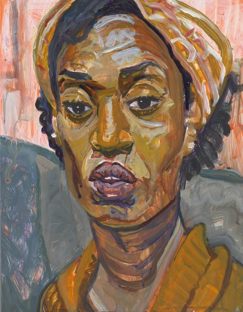 A painted portrait of a woman with exaggerated features.