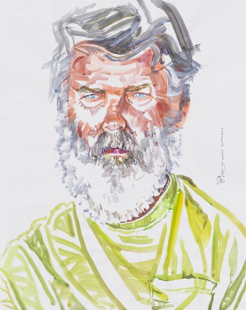 A painted portrait of a man with white hair wearing a green shirt.