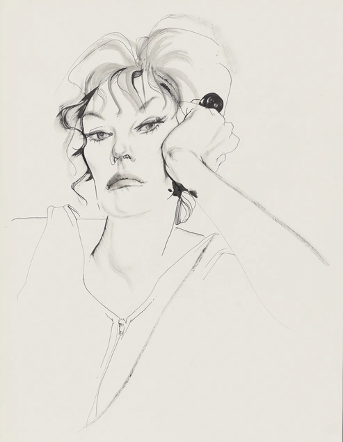 A black pen and ink drawing, on white paper, of a woman with her head on her hand.