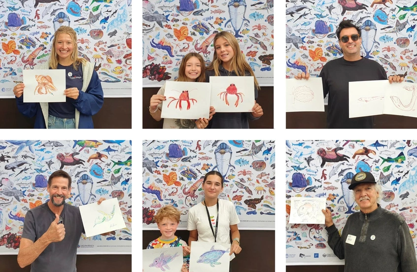 A grid of six images depicting various people holding drawings on paper while standing in front of a poster filled with colorful illustrations of sea creatures.