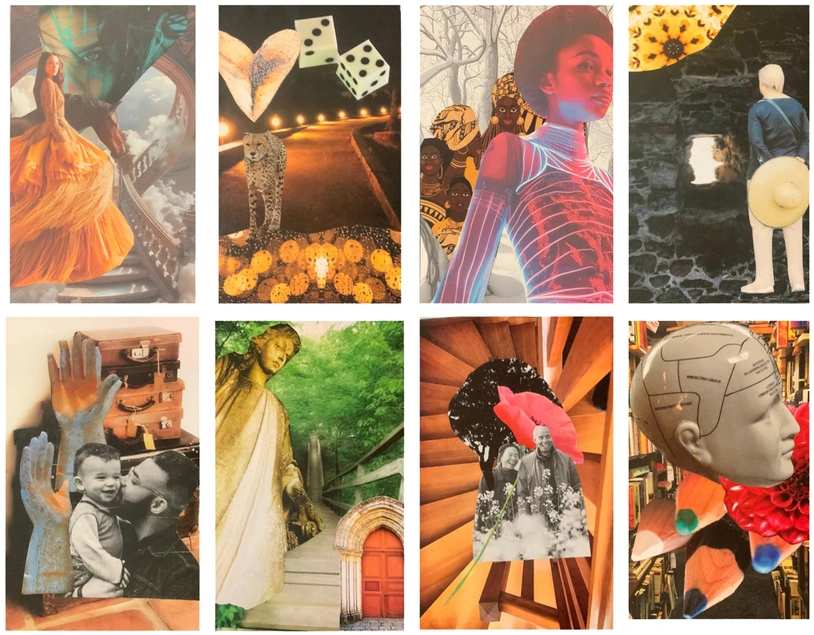 Eight small collages in two rows, depicting people, animals, plants, and objects.