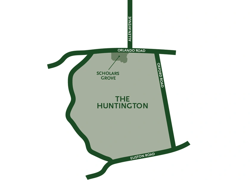 Aerial view map of The Huntington, showing major roads and the location of a new building site.