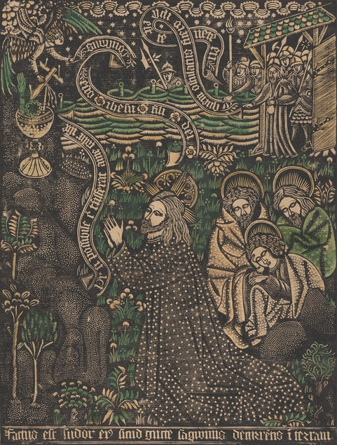 A metal relief print of Christ praying on the Mount of Olives, with sleeping disciples and approaching soldiers.