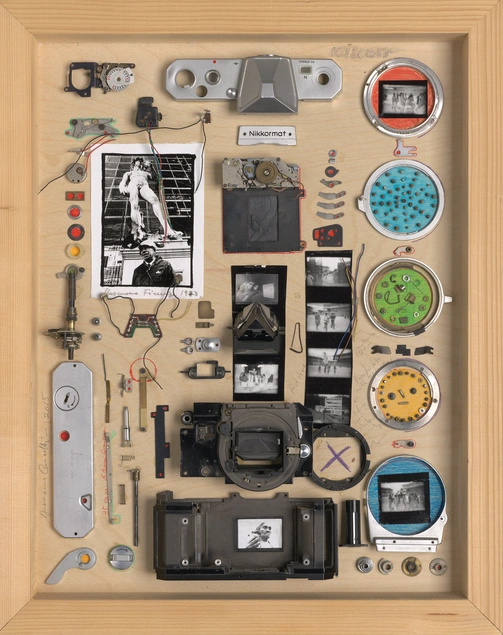 A shadow box with a light-colored wood frame and background, filled with various parts of a dissasembled camera, black and white contact sheet of photos, a larger print a person standing in front of "David" by Michelangelo, and five large metallic circles filled with color and decorative accents.