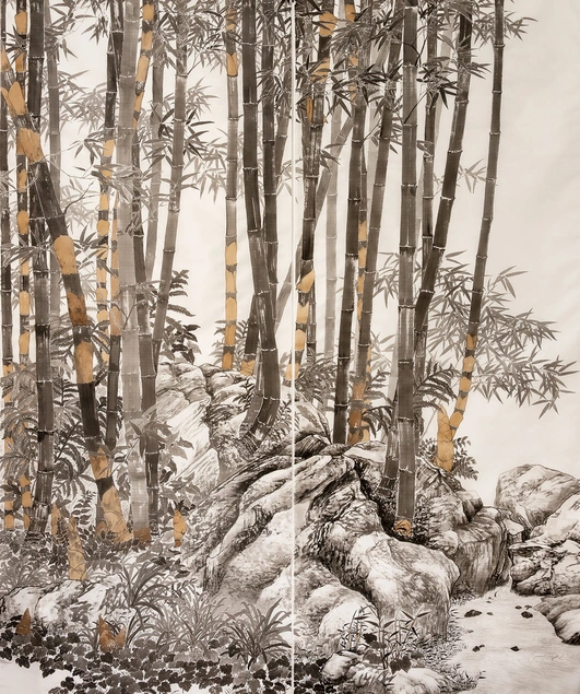 An intricately detailed drawing of tall, thin tree stalks standing above rocks.