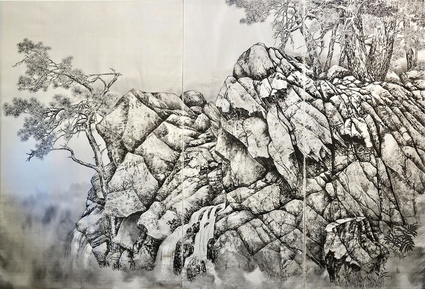 An intricately detailed drawing of trees standing on a rock ledge.