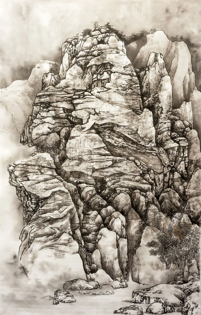 An intricately detailed drawing of a rock wall.