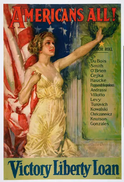 Howard Chandler Christy (1873–1952), Americans All! Victory Liberty Loan, 1919. Lithograph, Boston: Forbes, 29 15/16 x 19 7/8 in. The Huntington Library, Art Museum, and Botanical Gardens.