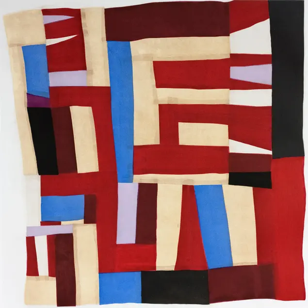 Red, blue, cream, black, and white quilt titled “Fourteen,” 2014 by Mary Lee Bendolph