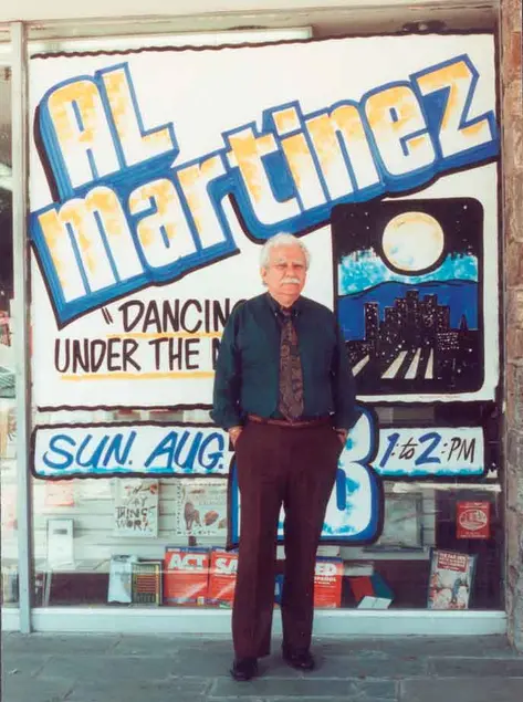 Al Martinez in front of store window advertising Dancing Under the Moon, 1992. Huntington Library, Art Collections, and Botanical Gardens.