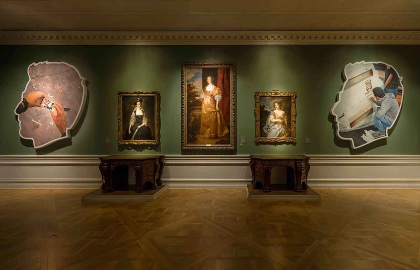 Installation view (L-R): Alex Israel, Self-Portrait (Selfie and Studio Floor), 2014; Thomas Hudson, Lady Frances (Finch) Courtenay, ca.1741; Anthony van Dyck, Anne Kirke, ca. 1637; Peter Lely, Lady Essex Finch, ca. 1675; Alex Israel, Self-Portrait (Signature), 2014. Photo by Fredrik Nilsen, courtesy of The Huntington.