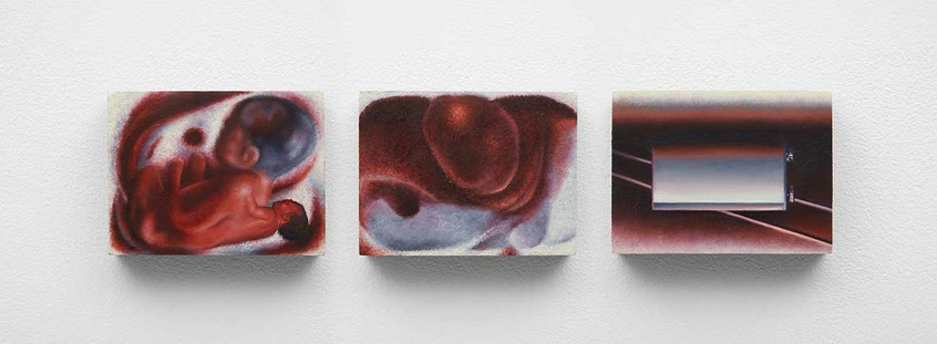 Alexandra Noel, Ifs eternally in red, 2020 (triptych). Oil and enamel on panel. Left: 3 x 4 3/4 in. (7.6 x 10.2 x 1.9 cm). Center: 3 x 4 x 3/4 in. (7.6 x 10.2 x 1.9 cm). Right: 3 x 4 x 3/4 in. (7.6 x 10.2 x 1.9 cm). Courtesy of the artist and Bodega, New York.