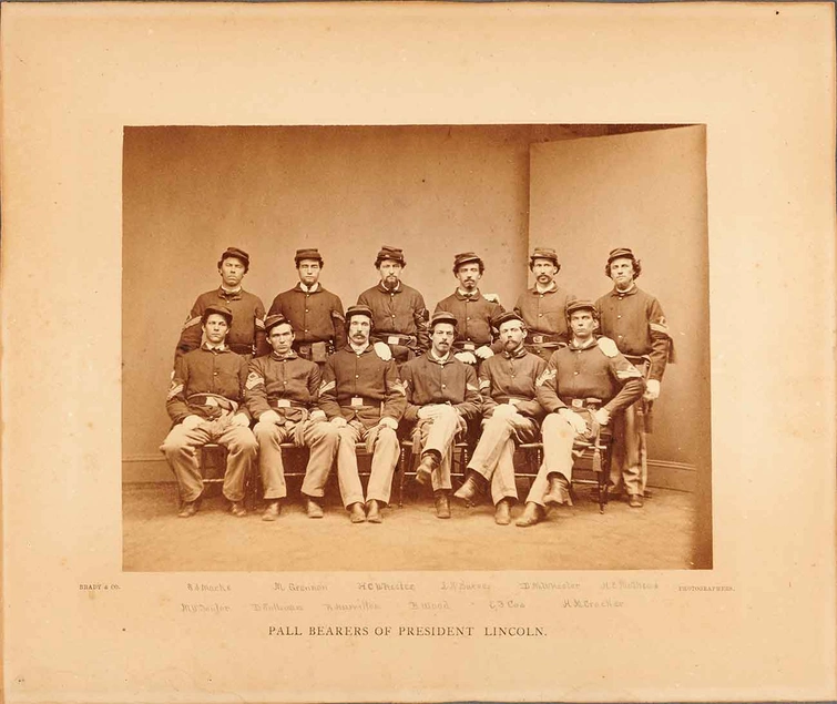 Mathew Brady, Pall Bearers of President Lincoln, April 1865. Albumen print on board with pencil annotations. 10 x 12 in. Purchase, Ruth Rowland Hall Memorial Book Endowment, 2017. The Huntington Library, Art Museum, and Botanical Gardens, San Marino.