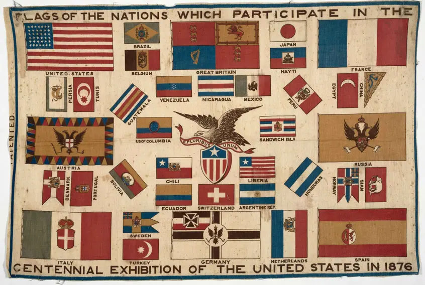 Flags of the nations which participate in the Centennial exhibition of the United States in 1876, printed textile, 1876. The Jay T. Last Collection of Graphic Arts and Social History. priJLC FAIR 001760