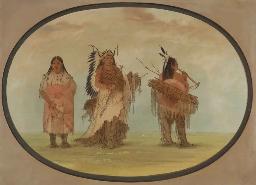 George Catlin, Omaha Group. Ky-ho-ca-wa-shu-shee, Mee-sow-on, Shaw-da-mon-nee, oil on board, 1870-1872. George Catlin Papers and Illustrations. mssHM 35183