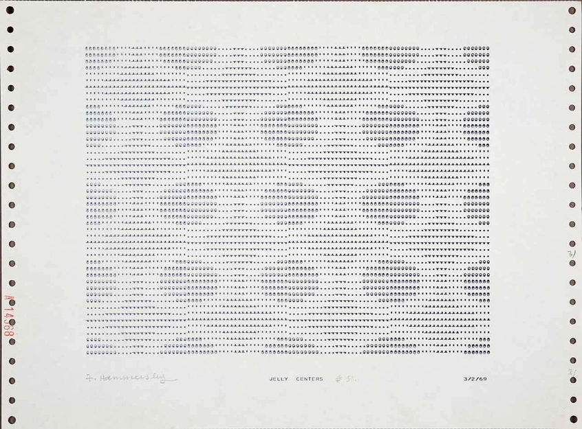 Frederick Hammersley (1919–2009), JELLY CENTERS, #31, 1969, from one incomplete set of the series of 72, computer-generated drawing on paper, 11 x 15 in. The Huntington Library, Art Collections, and Botanical Gardens, gift of the Frederick Hammersley Foundation. © Frederick Hammersley Foundation