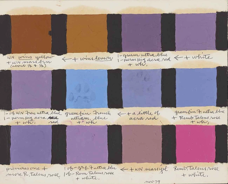 Frederick Hammersley (1919–2009), color test swatch, November 1979, oil on paper with pen, 8 x 11 in. Getty Research Institute, Los Angeles, gift of the Frederick Hammersley Foundation. © Frederick Hammersley Foundation