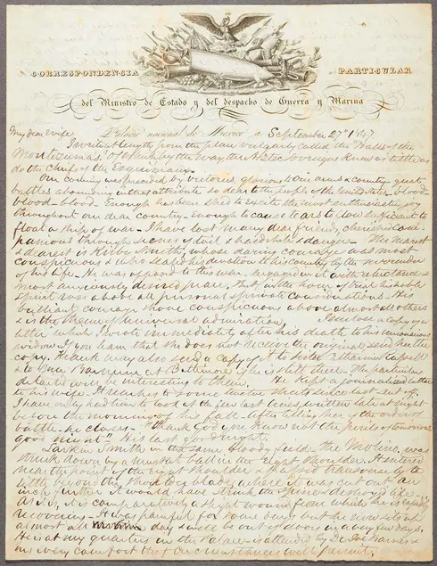Edmund Kirby, Autograph letter to Eliza Brown Kirby, Mexico City, September 27, 1847. Manuscript in ink on letterhead, 10-3/4x 8-3/8 in.  Edmund Kirby Papers. Purchase, Library Collectors’ Council, 2014. The Huntington Library, Art Museum, and Botanical Gardens, San Marino.