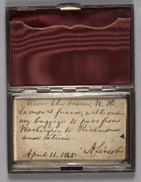 Often referred to as Lincoln’s “death warrant,” this handwritten pass dispatched Ward Hill Lamon, Lincoln’s friend and self-appointed bodyguard, to Richmond, Va., on April 11, 1865. Lamon was still away from Washington three days later, when the president was fatally shot at Ford’s Theater.
