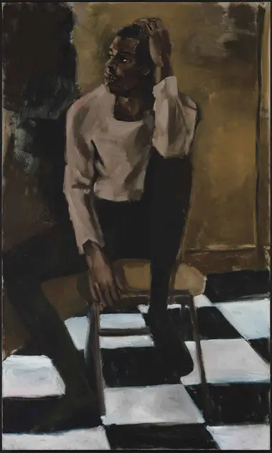 Lynette Yiadom-Boakye (b. 1977), Medicine at Playtime, 2017, oil on linen, 79 x 48 in. Museum of Contemporary Art, Los Angeles. Purchased with funds provided by the Acquisition and Collection Committee. © Lynette Yiadom-Boakye. Image courtesy of the artist, Jack Shainman Gallery, New York and Corvi-Mora, London. 