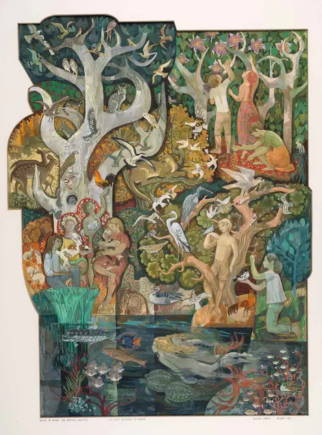 Susan Hertel (1930–1993) for Millard Sheets Designs, Inc., The Child’s Discovery of Nature, study for mural at Community Memorial Hospital, Ventura, California, 1974, gouache on board. Dennis O’Connor Collection. Purchase, Library Collectors’ Council, 2011. © Millard Sheets Estate, 2019.  