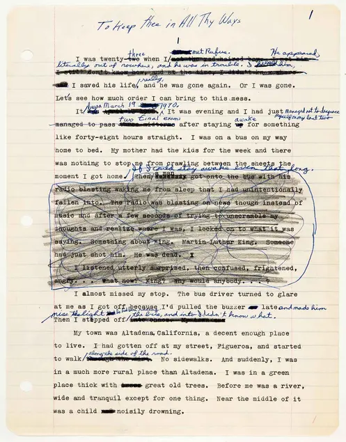 Octavia E. Butler, working draft of Kindred (formerly titled To Keep thee in All Thy Ways) with handwritten notes by Butler, ca. 1977. The Huntington Library, Art Collections, and Botanical Gardens. © Estate of Octavia E. Butler.