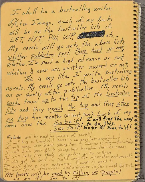 Octavia E. Butler, notes on writing, “I shall be a bestselling writer…” 1988. Huntington Library, Art Collections, and Botanical Gardens.© Estate of Octavia E. Butler.