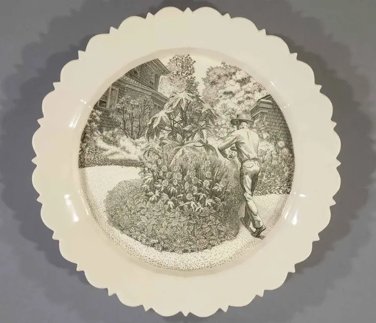 Andrew Raftery, August: Deadheading, 2009-2016, engravings transfer printed on glazed white earthenware, diameter: 12 1/2 in. (31.8 cm.) The Huntington Library, Art Museum, and Botanical Gardens. Purchased with funds from Richard Benefield and John F. Kunowski © Andrew Raftery