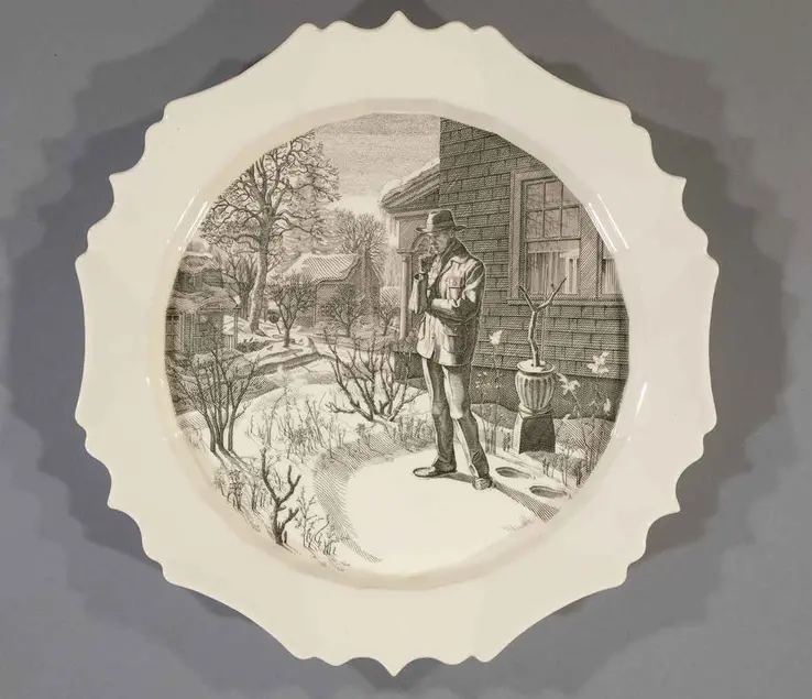 Andrew Raftery, December: Contemplating the Snow, 2009-2016, engravings transfer printed on glazed white earthenware, diameter: 12 1/2 in. (31.8 cm.) The Huntington Library, Art Museum, and Botanical Gardens. Purchased with funds from Richard Benefield and John F. Kunowski © Andrew Raftery
