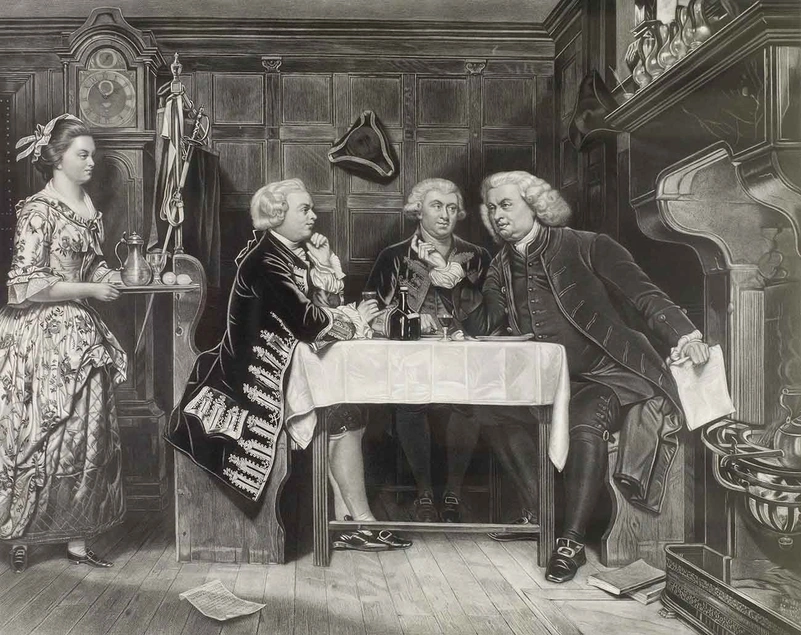 Samuel Johnson (far right) converses with his friend James Boswell (center) and author Oliver Goldsmith in an engraving titled “The Mitre Tavern,” 1880.  Courtesy of Loren Rothschild.