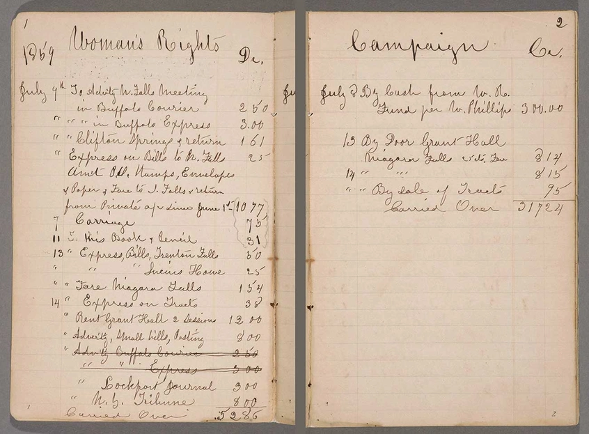 Two pages from Susan B. Anthony account book detailing expenses during the 1859 New York State woman’s rights campaign, April 17, 1858–July 27, 1860. In the spring of 1859, Anthony was engaged in preparation for the 9th Woman’s Rights Convention in New York City. The convention opened on May 12, 1859, at the Mozart Hall. The Huntington Library, Art Museum, and Botanical Gardens.