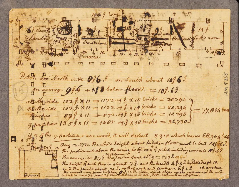 Thomas Jefferson, Estimate of bricks required for household offices at Monticello, with floor plans…, Aug. 2, 1771. Thomas Jefferson Collection. HM 9365