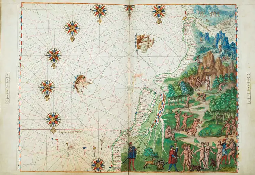 Le vrais Bresil es province du Quito (The true Brazil, a province of Quito), in Vallard Atlas, Dieppe (France), 1547, tempera, gold paint, gold leaf, and black ink on parchment, 14 ½ × 18 ¾ in. The Huntington Library, Art Collections and Botanical Gardens.