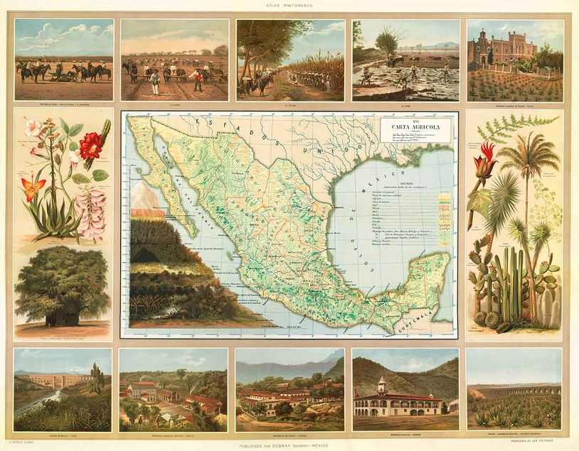 Antonio García Cubas (1832–1912), agricultural map in Atlas pintoresco é historico de los Estados Unidos Mexicanos, (Picturesque and historical atlas of the United States of Mexico), Mexico City: Debray Sucesores, 1885, chromolithograph, 24 13/16 × 30 11/16 in. The Newberry Library, Chicago, Ayer 655.59.G2.