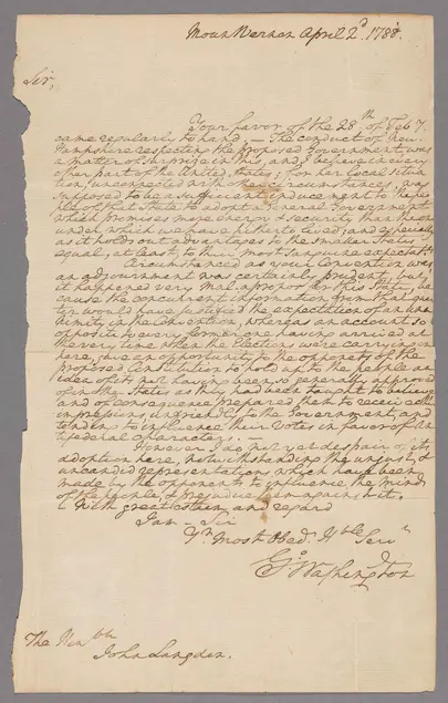 George Washington, letter to John Langdon, April 22, 1788. The Shapiro Collection.